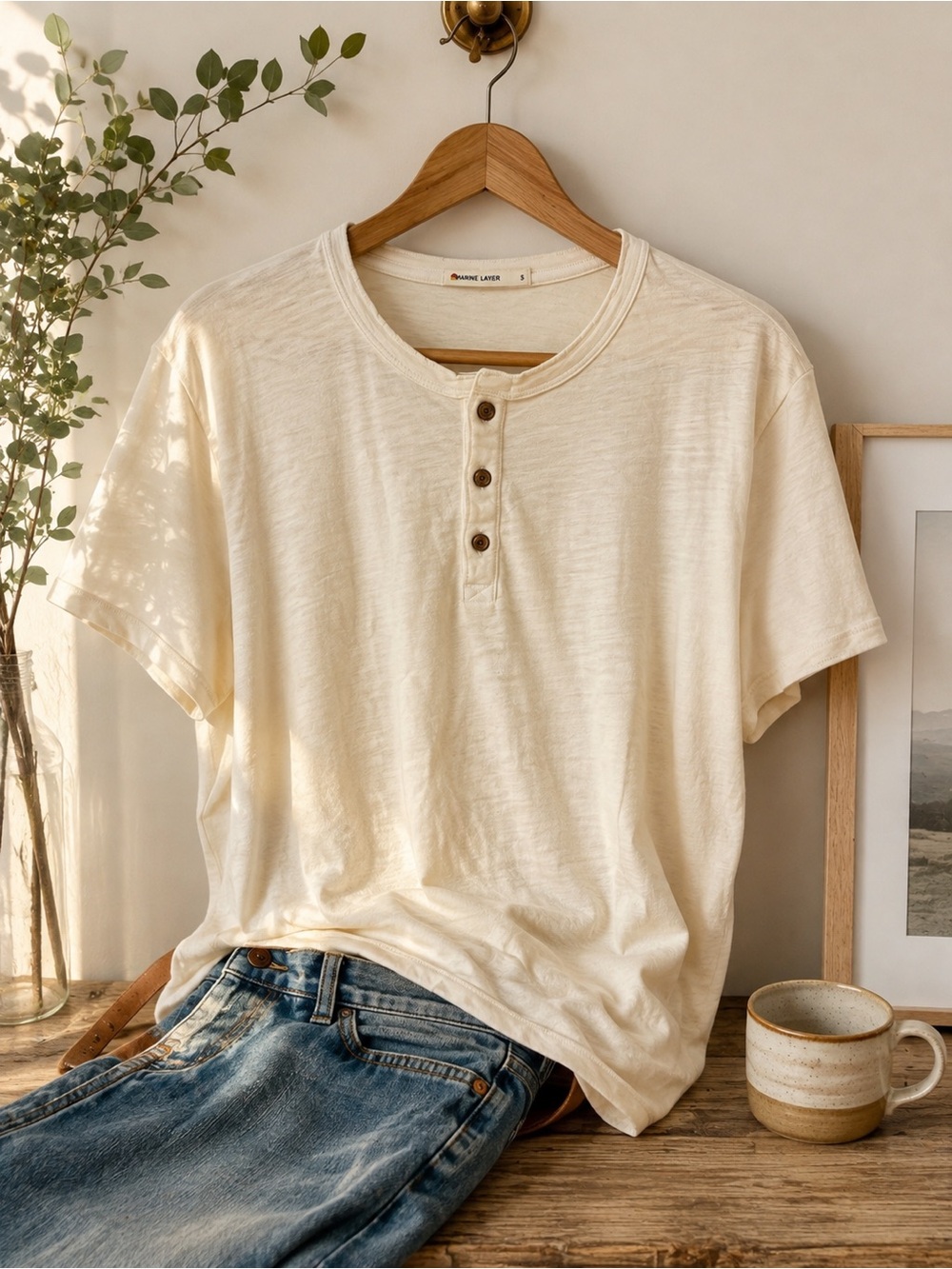 New NWOT Men's Marine Layer Cream  Henley Shirt - Classic Casual Sz  S